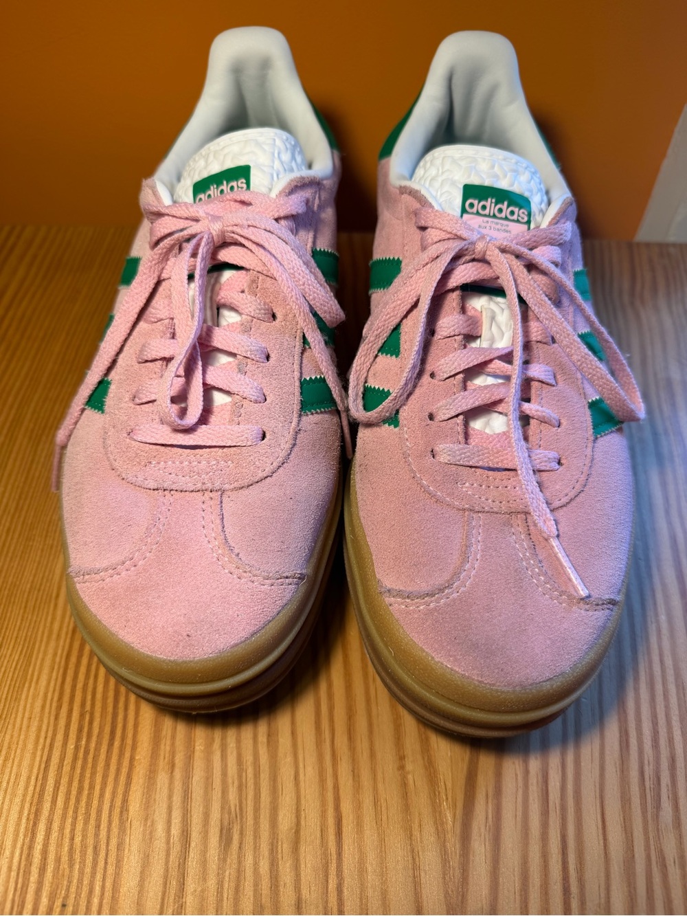 Adidas Women’s Pink Suede Sneakers with Green Stripes and platform Gum Sole